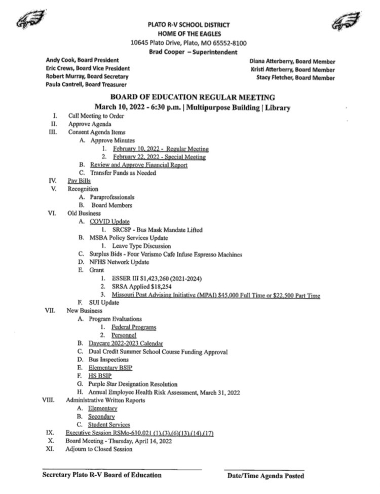 board meeting agenda for 3/10/22